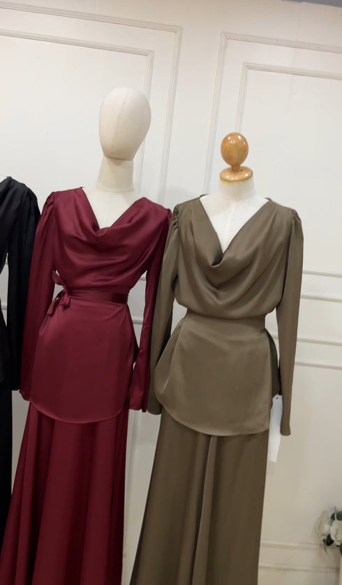 Cowl Neck Waist Rope Tie Tops With Long Skirts Sets